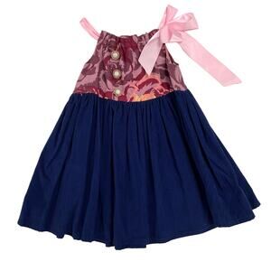 A La Modish Girls Pink Floral Navy Corduroy Ribbon Tie Dress 2